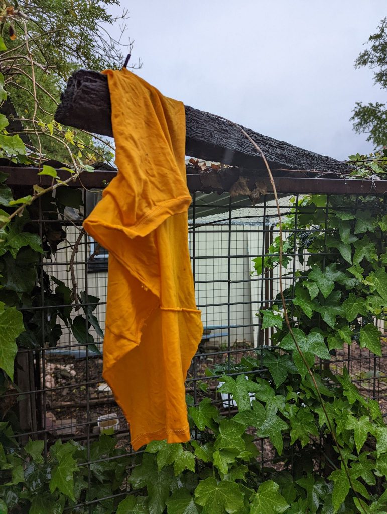 A damp orange cloth hanging off of a pole by  a chook pen