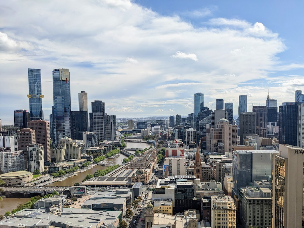 The city of Melbourne, viewed from a tall building looking west down Flinders Street